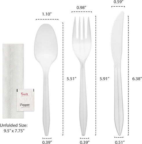 Party Essentials Individually Wrapped Plastic Cutlery Packets, 100 Sets of Fork/Spoon/Knife/Napkin/Salt/Pepper