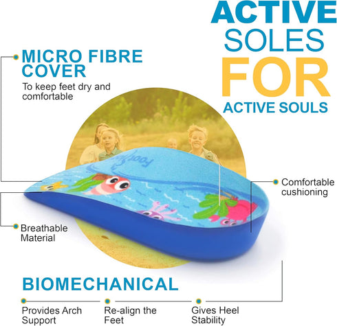 Kids Orthotic Shoe Insoles with Arch Support for Heel Pain, Flat Feet - Pair 3/4 Length (Small Kids 11-13, Blue)