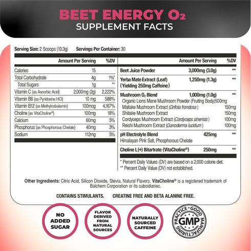 O2 30 Nutrology Beet Energy Pre Workout Beet Juice Powder - Boost Energy, Endurance & Nitric Oxide with Beet Powder