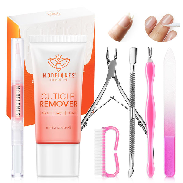 Modelones Cuticle Care Kit - Cuticle Remover Cream, Oil, Trimmer, Pusher & Nipper for DIY Nail Manicure