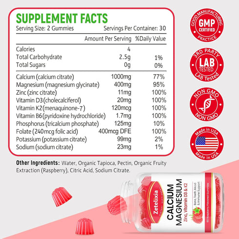 Sugar Free Calcium Gummies for Women Men, Calcium Magnesium Zinc with Vitamin D3 & K2, Calcium Magnesium Supplement for Bones Muscles and Joints, Raspberry Flavor - 120 Count