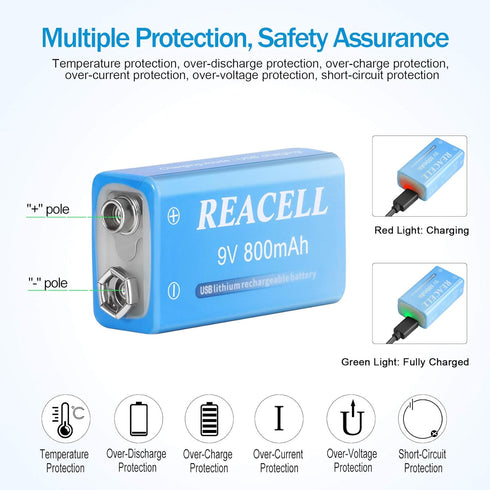 2 Packs Rechargeable 9V Lithium Batteries, 9 Volt Batteries for Smoke Detector, 800mAh 9V USB Charging for Microphones,