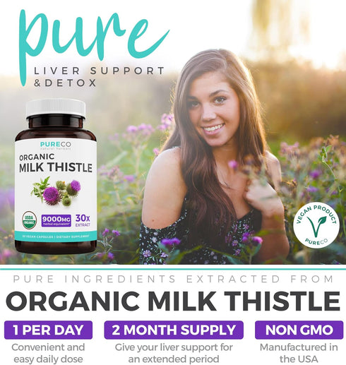 USDA Organic Milk Thistle Capsules, 80% Silymarin Supplement for Liver Support, 300mg, 60 Day Supply