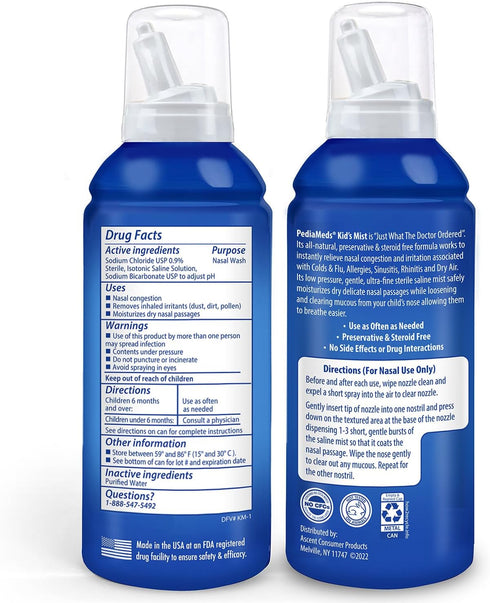 Pedia Meds 4.5 Oz (2 Pack), Sterile Saline Kids Nasal Spray, Ultra Fine Mist, Instantly Moisturizes and Relieves Nasal