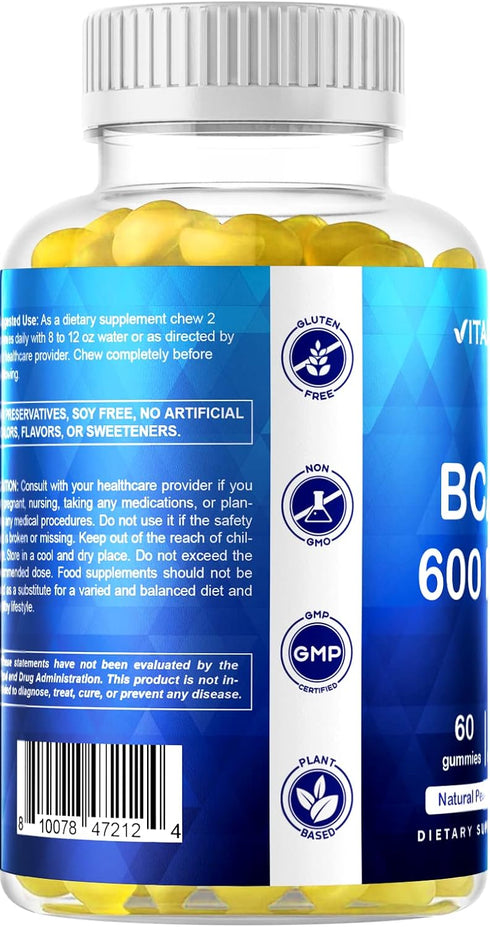 Vitamatic BCAA Gummies, 600mg per Serving, Peach Flavor, 60 Vegan Pectin Based Gummies (2 Bottles)
