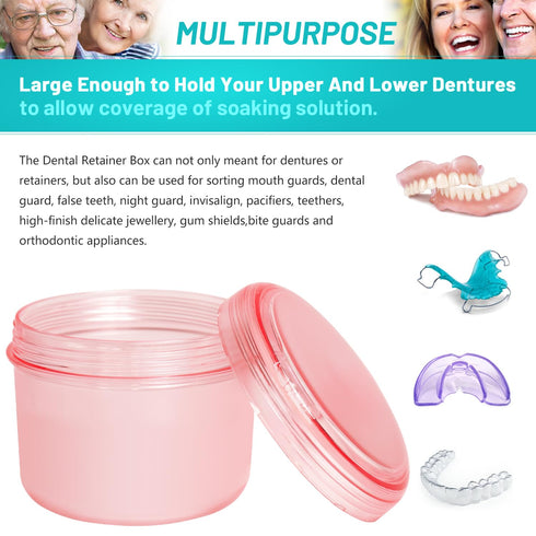 Leak Proof Denture Cups Bath, Dishwasher Safe Denture Case for Soaking Full & Partial Dentures, with Cleaner Brush