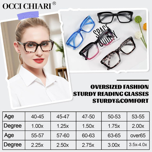 OCCI CHIARI Large Reading Glasses Women 1.0 Square Reader Oversized Frame with Multiple Strength Options