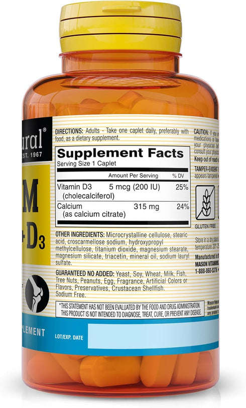 MASON NATURAL Calcium Citrate Plus Vitamin D3 - Strengthens Muscle Function, for Bone and Overall Health, 60 Caplets (Pack of 3)