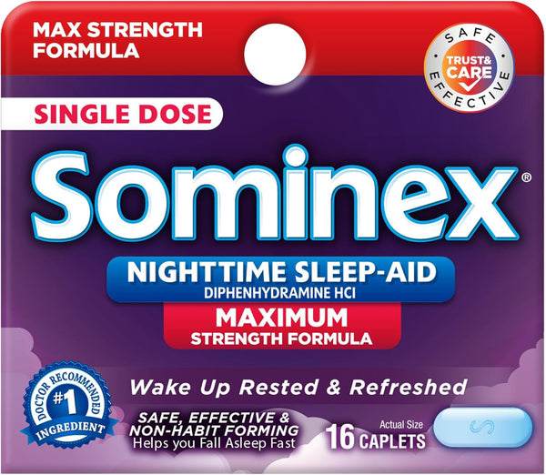 Sominex Nighttime Sleep-Aid Tablets, Maximum Strength Formula, Single Dose, Assorted, 16 Count