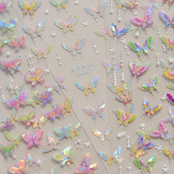 Butterfly Nail Art Stickers, 5D Embossed Colorful Aurora Shining Design Adhesive for Nails Manicure Decorations