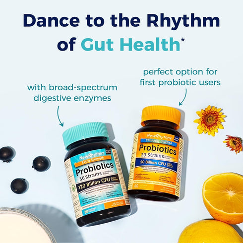NewRhythm Probiotics 120 Billion CFU, 3-in-1 Digestive Health Supplement with Prebiotics & Enzymes, 30ct