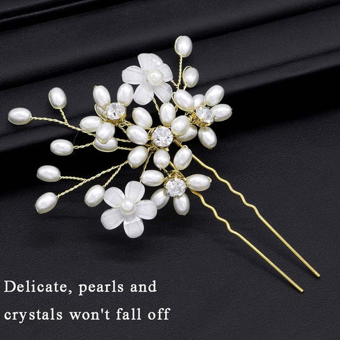 Wedding Hair Pins (3 Pcs) - Elegant Pearl Floral Crystal Hair Accessories for Bridal Women in Gold