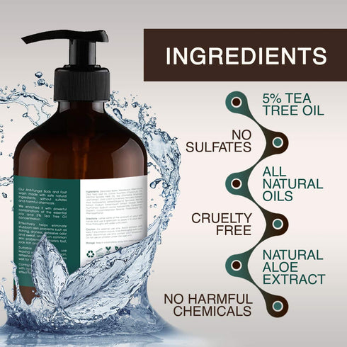 Tea Tree Oil Body Wash - Helps with Athletes Foot, Acne, Eczema, 16oz, Moisturizing Aloe