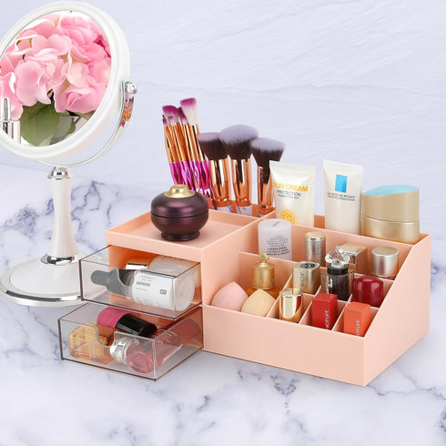 LETURE Cosmetic Makeup Vanity Organizer Box, Bathroom Counter Storage for Eyeshadows, Skin Care, Pink