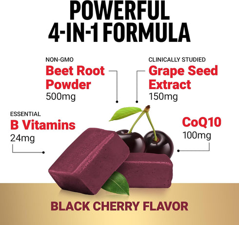 FORCE FACTOR Total Beets Ultimate Heart Health Blood Pressure Support Chews with CoQ10, Beet Root Powder, Grape Seed