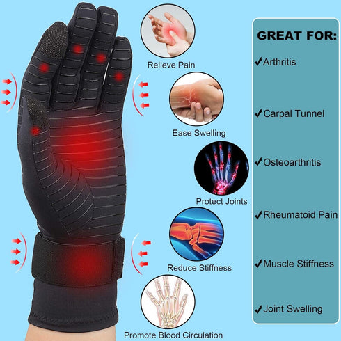 Copper Arthritis Gloves with Adjustable Wrist Strap for Women Men, Full Finger Compression Gloves for Arthritis, Carpal Tunnel, Pain Relief, Swelling, Rheumatoid, Typing (Small/Medium)