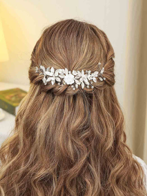 Unicra Silver Flower Bride Wedding Hair Vine Pearl Bridal Hair Piece Rhinestone Headband for Women and Girls