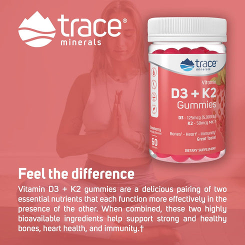 Trace Minerals Vitamin D3 + K2 Gummies - 60 Servings with 5,000 IU D3 + 50 mcg K2, Vegan, Sugar Free