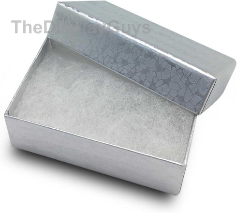 TheDisplayGuys 25-Pack Cotton Filled Cardboard Jewelry Boxes, Silver Foil Gift Case (2.6" x 1.6" x 1.0")