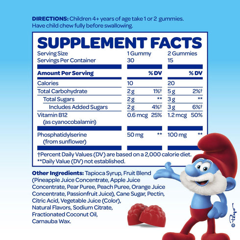 The Smurfs Nootropic Gummies for Kids with Vitamin B12 & L-Theanine | Laser Focus Gummies for Focus and Memory Supplements | Made with Real Fruit in a Smurf Berry | Doctor Developed | 30 Vegan Gummies