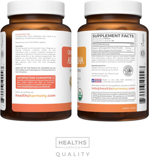 USDA Organic Ashwagandha Supplement, High Potency Pills with Black Pepper, Vegan, 2 Months Supply