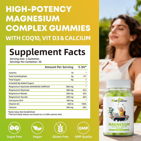 Gummies CoQ10 D3 30 Triple Magnesium Complex for Women Men: Magnesium Glycinate Malate Taurate Supplements Support