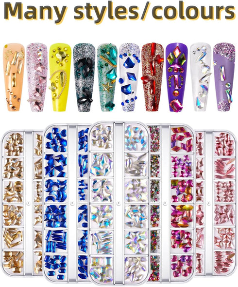 Multi Shapes 3D Glass AB Nail Art Rhinestones, 1085 Pieces Crystal Clear Flatback Rhinestones with Organizer