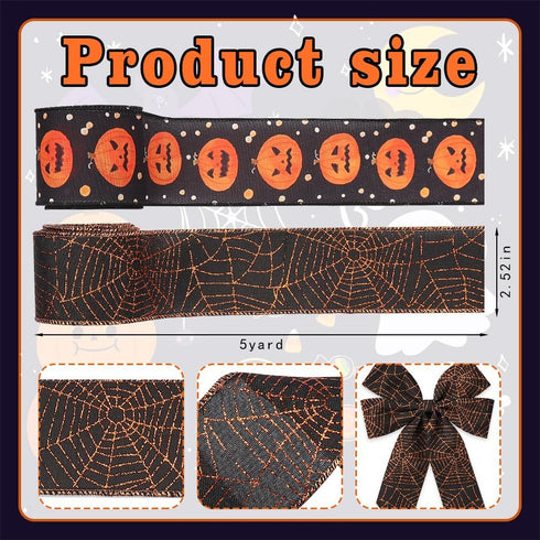 Hying 2 Rolls Halloween Ribbon for Wreath Bows Wrapping Gifts, Black Orange Pumpkin Ribbons for Gift Wrapping Halloween Party Decoration DIY Crafts 2.5" X 10 Yards Spider Web Black Wired Edge Ribbon by Hying