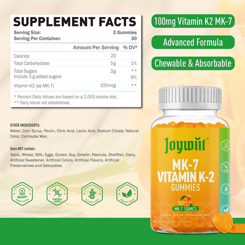Vitamin K2 MK-7 Gummies 100mcg, Extra Strength K2 Vitamin Supplement for Bone & Heart Support, Chewable Natural Orange Flavor, Non GMO, Vegan, 60 Counts