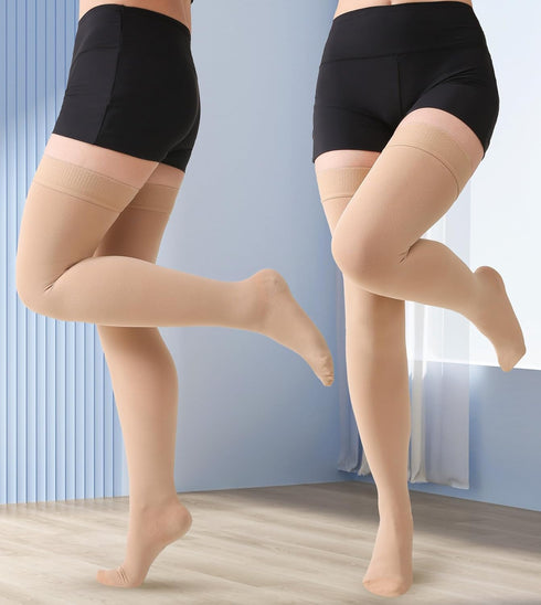 MGANG Medical 20-30 mmHg Compression Stockings, Pair, Thigh High Graduated Socks, Closed Toe, Opaque, Beige XXL