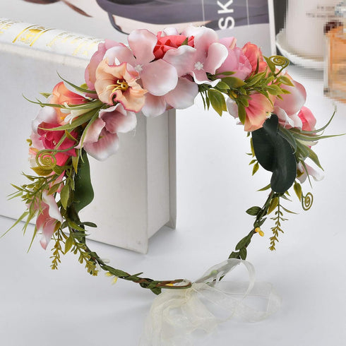Women Floral Crown Boho Flower Headband, Hair Wreath Floral Halo Headpiece with Ribbon for Wedding Party Photos.