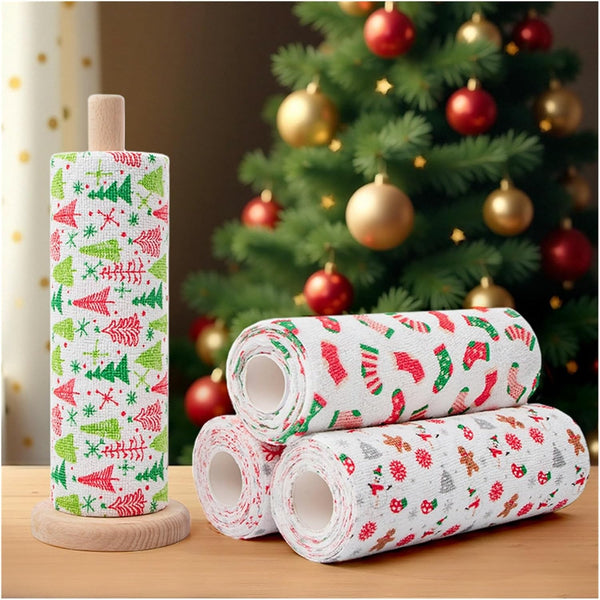 kinganrun Christmas Print Tear-Off Dish Cloths Thick Microfiber 20 Sheets Roll 25x25cm