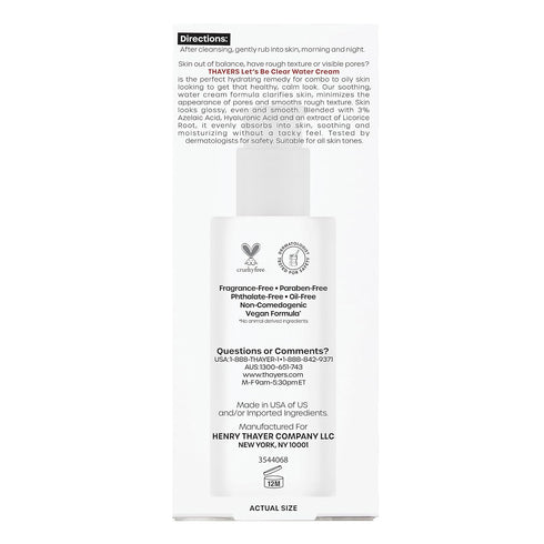 THAYERS Let's Be Clear Water Face Cream, Moisturizer with Azelaic Acid and Hyaluronic Acid, 2.5 Oz