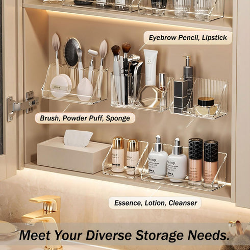 MORNITE 6 Pcs Medicine Cabinet Tray Organizer, Bathroom Vanity Toilet Cabinet Inside Shelves Storage Holder for Skincare Perfume Lipsticks Jewelry Brushes, Plastic Clear by MORNITE