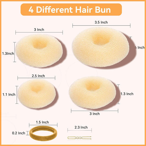 YaFex Hair Bun Maker Set, 3 Pieces (Small, Medium, Large), 6 Hair Elastics, 1 Bag Hairpins, Blonde