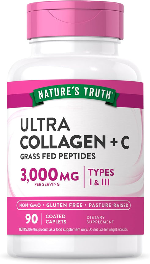 Nature's Truth Hydrolyzed Collagen Peptides - 90 Caplets, Type 1 and 3 with Vitamin C, Grass Fed