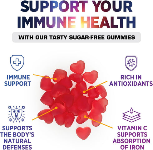 Zero Sugar Vitamin C Gummies - Immune Support & Antioxidant Dietary Supplement, Raspberry Flavor, 60 Count