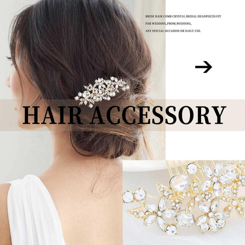 Olbye Bridal Headpiece - Rhinestone Crystal Flower Hair Comb and Clips for Brides and Women (Gold)