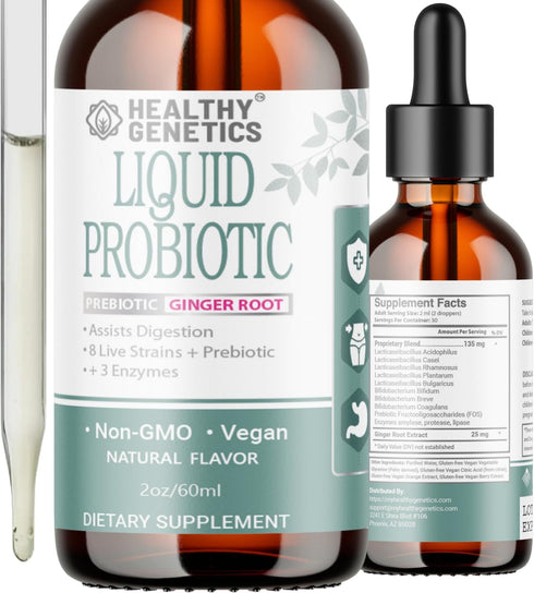 Liquid Probiotics for Women Men & Kids - Prebiotic + Ginger + Probiotics for Digestive Health, 30 Servings