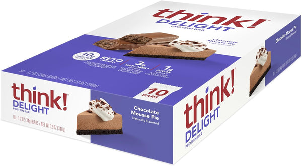think! Delight Protein Bars - Low Carb, Gluten Free Snack, Chocolate Mousse Pie, 10 Count (Packaging May Vary)
