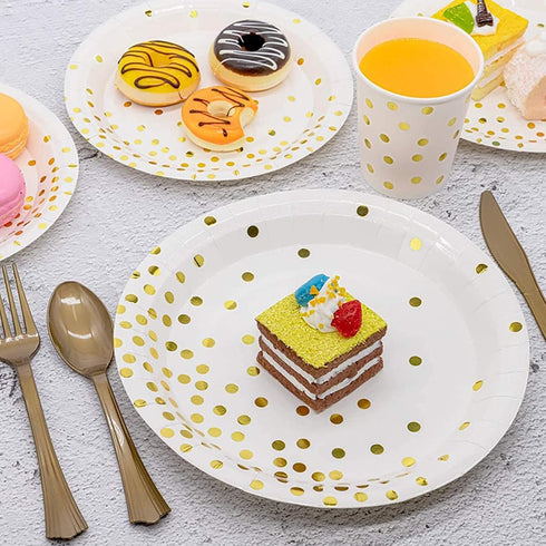 Paper Plates Napkins Set Disposable Plate 7/9 Inch, White and Gold Plate Party Supplies Include Napkin,Tablecloth, Cup, Gold Plastic Forks Knives Spoons for Party, Graduation, Birthday (white &gold) by KIQIONE