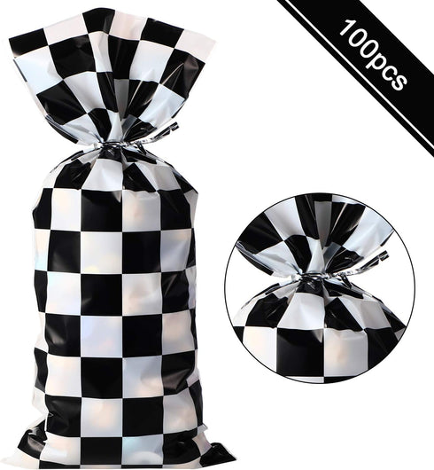 Blulu 100 Pieces Cellophane Car Candy Bags, Black White Checkered Racing Treat Bags, Plastic Race Gift Goodie Sack for