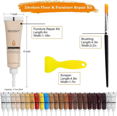 Furniture Repair Kit - 50 Piece Wood Floor Repair Set with 24 Colors Touch Up Kit, Scraper and Brushes