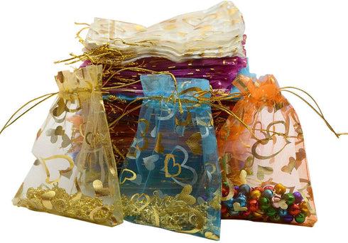 YYaaloa 100PCS Mini Sheer Heart Mixed Organza Bags, 7X9 cm/2.7X3.5 inches Drawstring Gift Bags (Mixed)