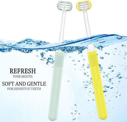 2 Pieces 3 Sided Toddler Toothbrush - Soft Bristles for Kids Tooth and Gum Care (C1 Blue + Yellow)