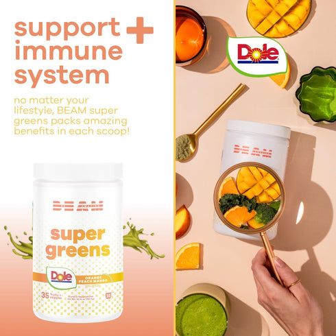 BEAM be Amazing Dole Super Greens Powder with Prebiotics, Digestive Enzyme, Antioxidant, 25 Servings, Orange Peach Mango