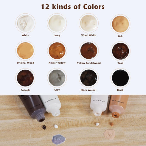 SEISSO Wood Filler and Furniture Repair Kit, 12 Colors Touch Up Kit for Wooden Floor Table, with Water-Based Putty
