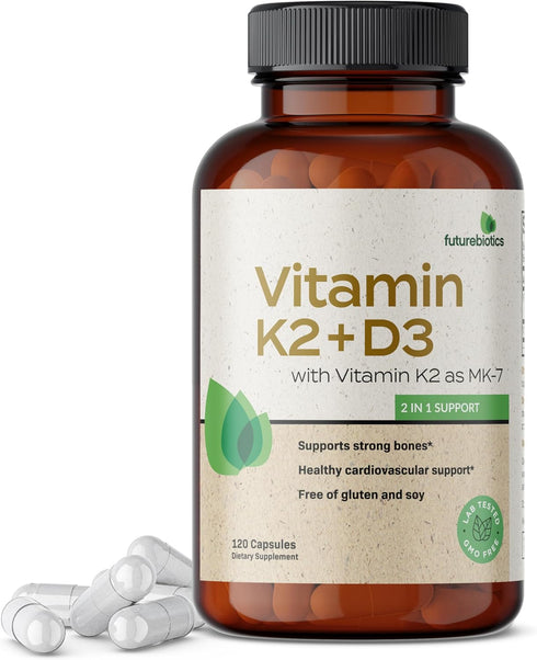 Futurebiotics Vitamin K2 (MK7) with D3 Supplement, 120 Vegetarian Capsules, 5000 IU Vitamin D3 & 90 mcg Vitamin K2 MK-7
