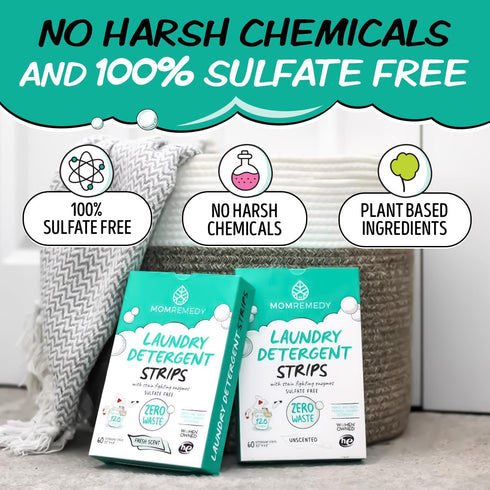 Packaging 60 Count MomRemedy Laundry Detergent Sheets with Powerful Stain Fighting Enzymes - Made in EU, Sulfate Free