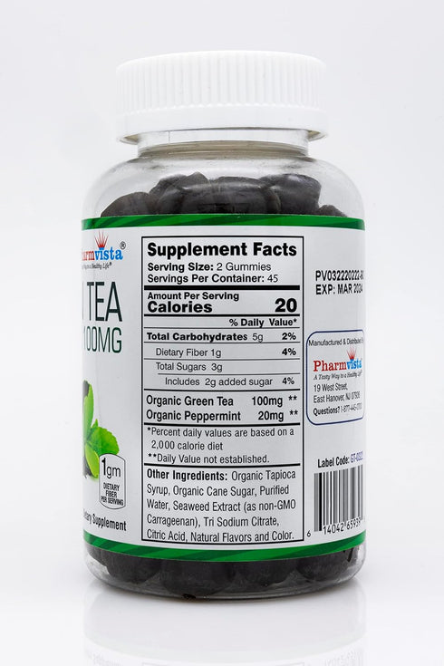 Green Tea & Peppermint Gummies 100mg - Gluten Free, Non-GMO, Antioxidant/Mineral Rich Supplement - 90 Count